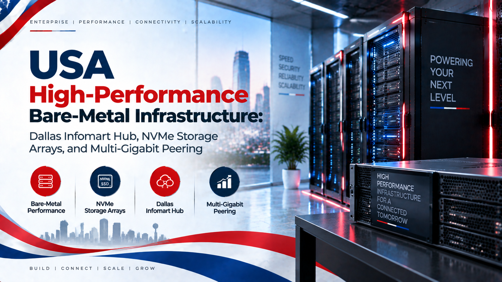 USA High-Performance Bare-Metal Infrastructure: Dallas Infomart Hub, NVMe Storage Arrays, and Multi-Gigabit Peering