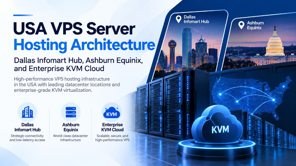 USA VPS Server Hosting Architecture: Dallas Infomart Hub, Ashburn Equinix, and Enterprise KVM Cloud